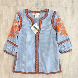 Gretchen Scott Tunic Top Women Size XS Gingham Plaid Embroidered Blue Orange New